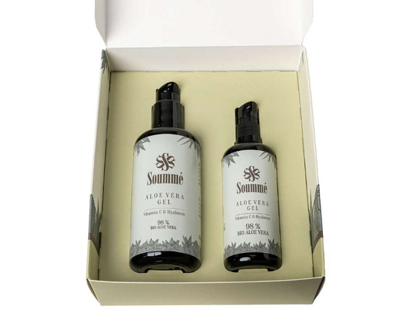 Geschenkbox Aloe Vera Gel mit 98% Bio Aloe Vera, mit Reisegröße 100ml & 200ml - Soummé GmbH
